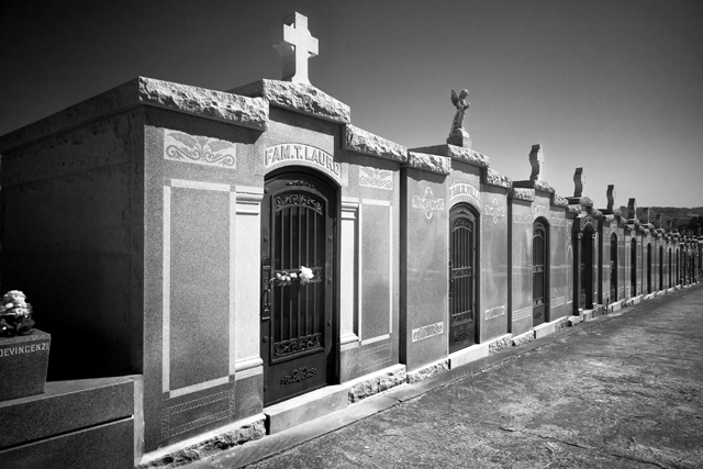 Closely spaced small family mausoleums in dark granite