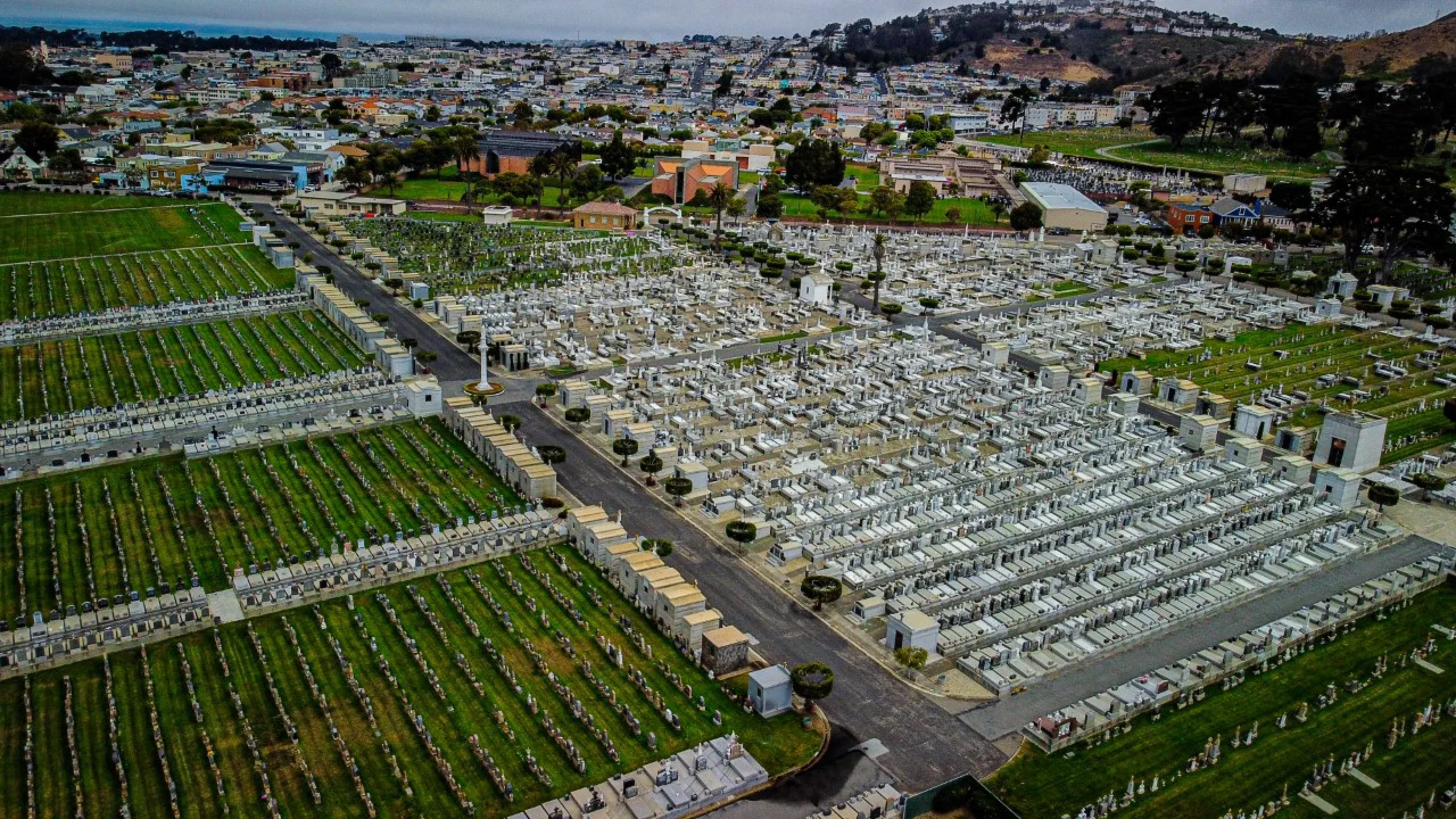 grounds-aerial Distant aerial view of cemetery grounds