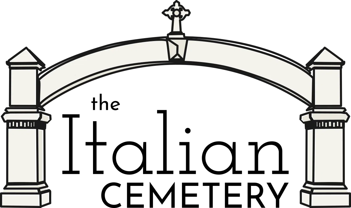 the Italian Cemetery logo featuring a rendering of the entrance arch
