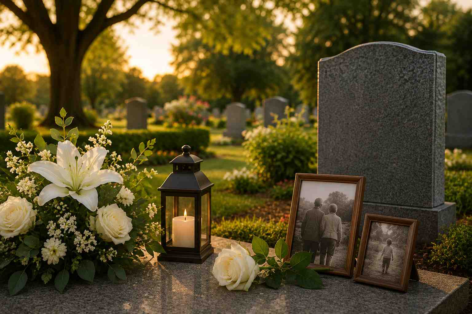 Graveside memorial with white flowers, candle lantern, and family photos in Daly City, CA.