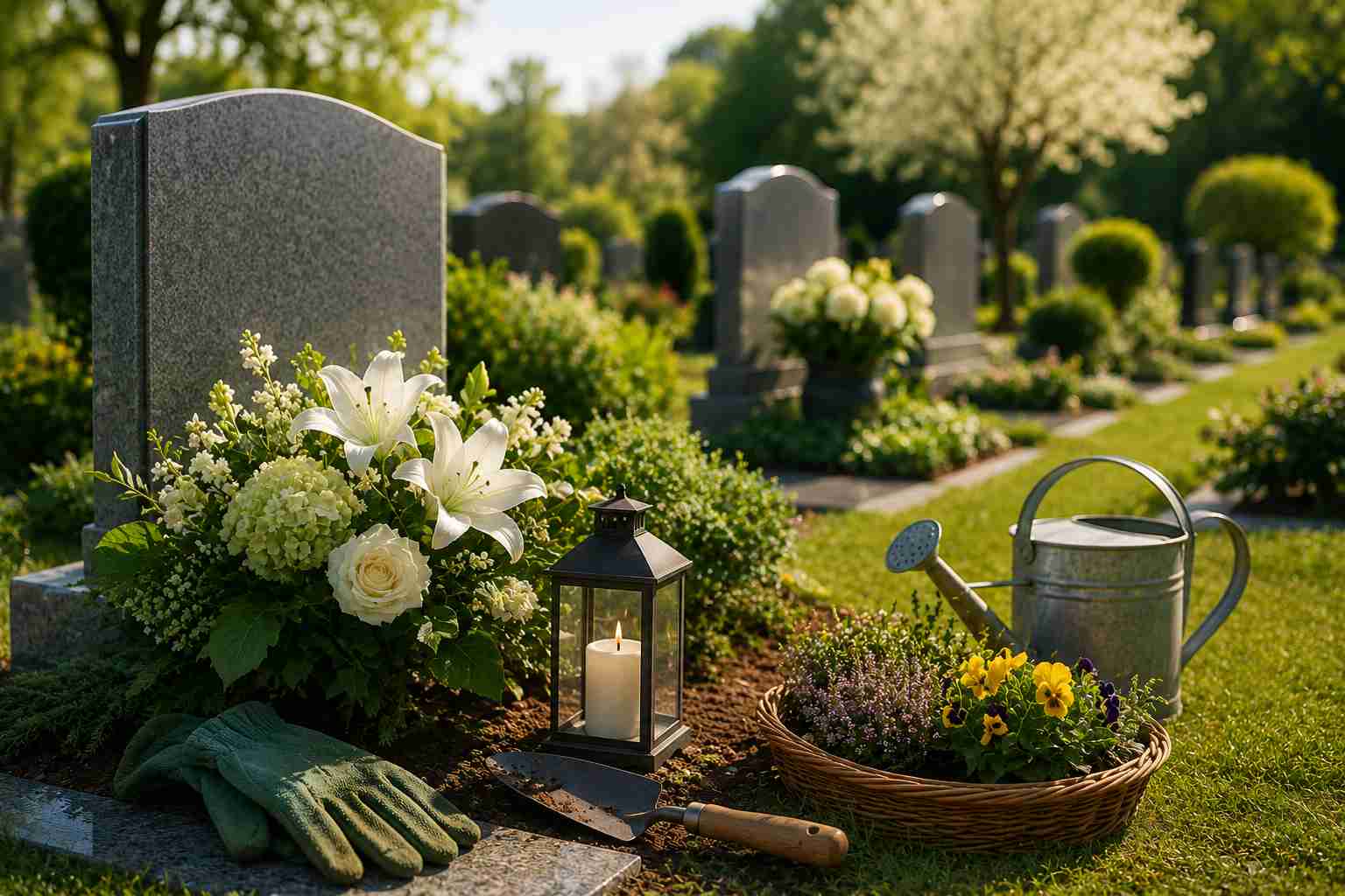Gravesite memorial care with white flowers, candle lantern, and gardening tools in South San Francisco, CA.