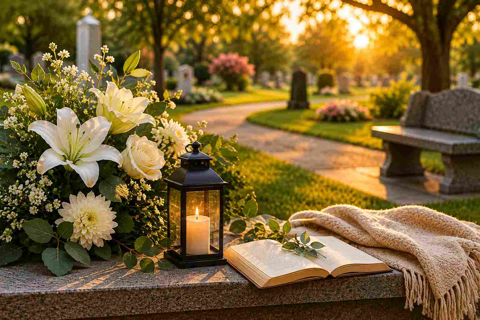 Peaceful cemetery memorial with white flowers, candle lantern, and remembrance book in San Mateo, CA.
