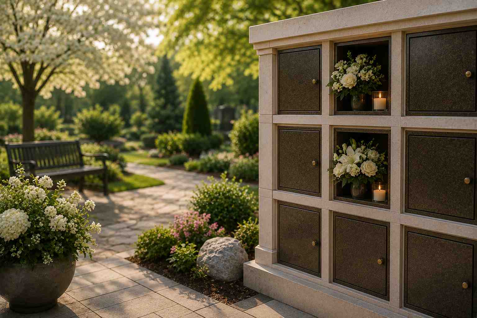 Peaceful columbarium memorial garden with flowers and candle tributes in San Bruno, CA.
