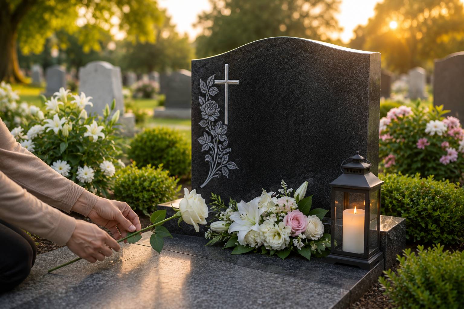 Elegant gravestone in a peaceful cemetery with landscaped grounds in San Francisco, CA, showcasing timeless gravestone memorial options.