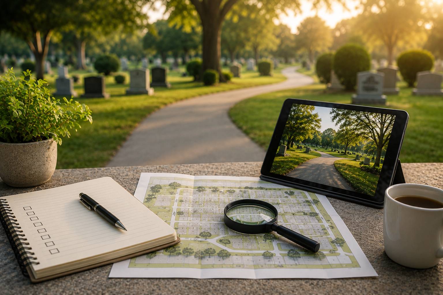 Family reviewing cemetery plots in a peaceful memorial park, highlighting Choosing the Right Cemetery in Daly City, CA.