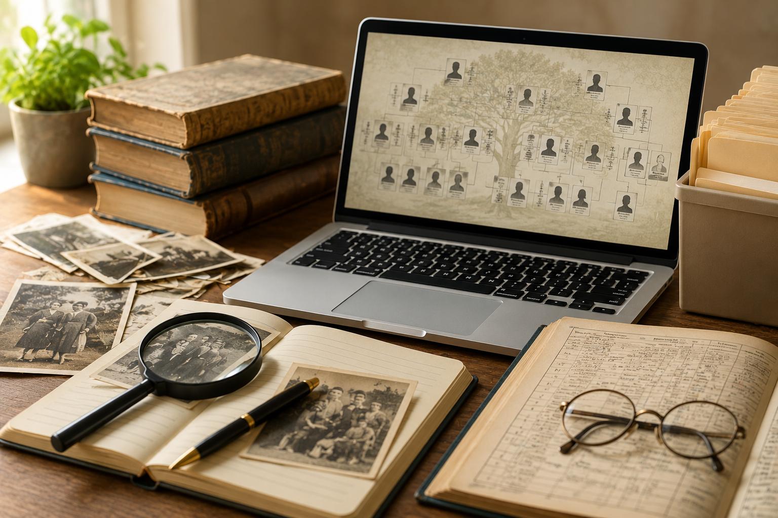 person-researching-family-history-with-vintage-photos-historical-records-and-a-digital-family-tree-highlighting-genealogy-search-tips-in-san-francisco-ca Person researching family history with vintage photos, historical records, and a digital family tree, highlighting Genealogy Search Tips in San Francisco, CA.