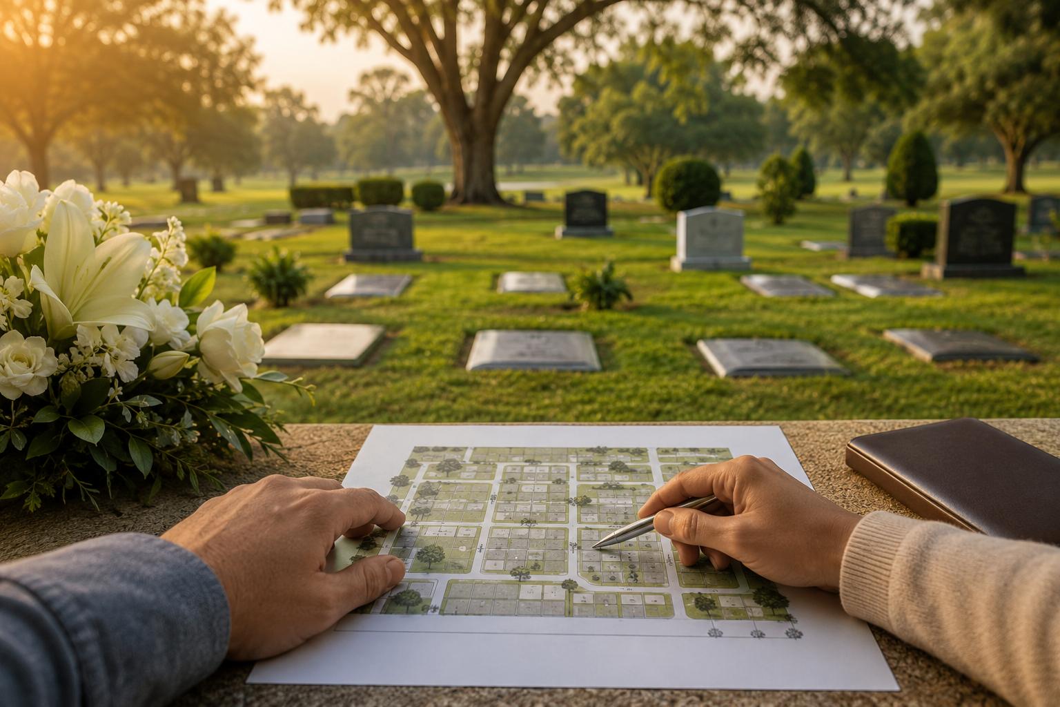 Family reviewing cemetery maps to choose cemetery lots for your family's future needs in San Bruno, CA, with a peaceful memorial garden in the background.