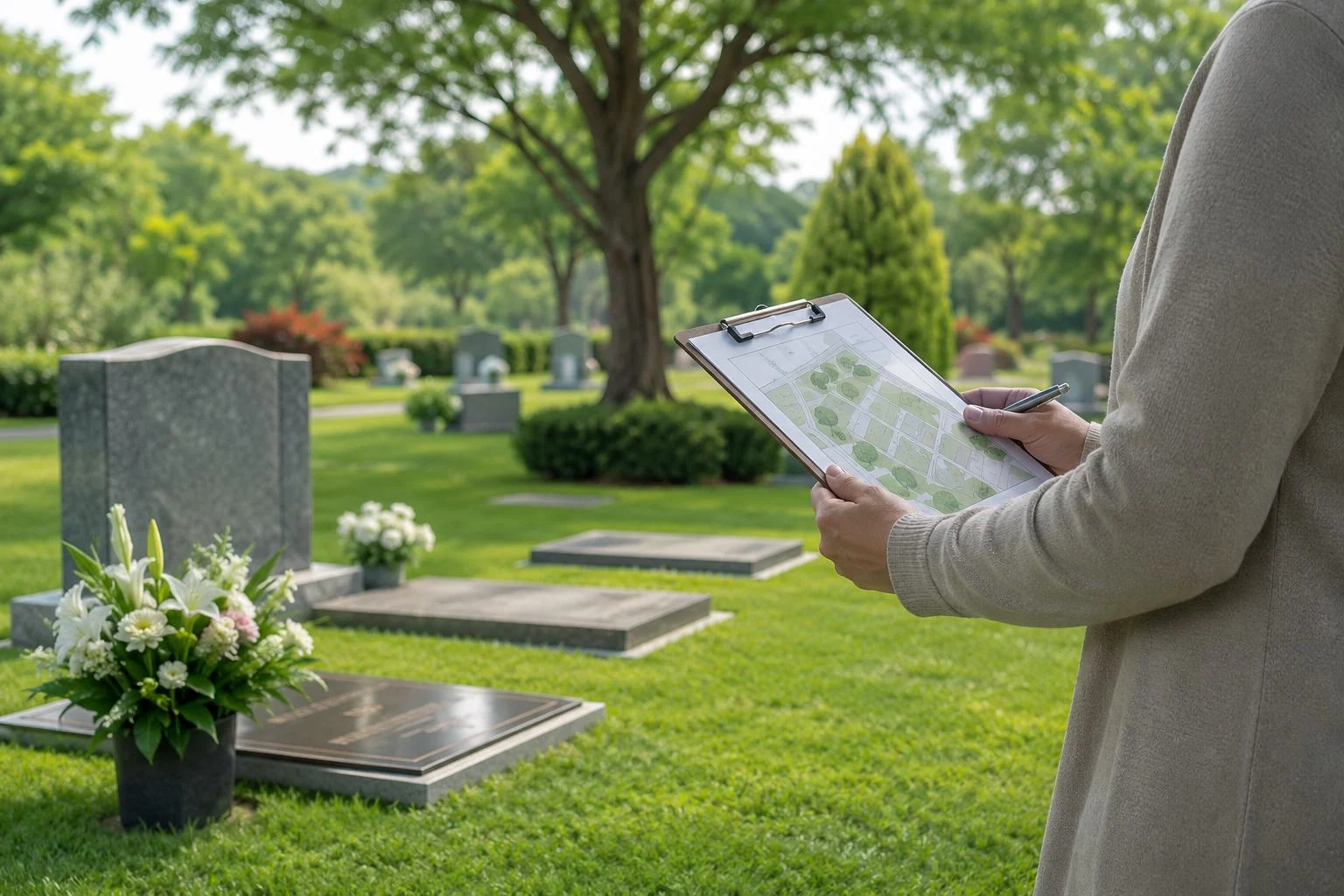 Person reviewing cemetery space options near gravesites in San Bruno, CA.