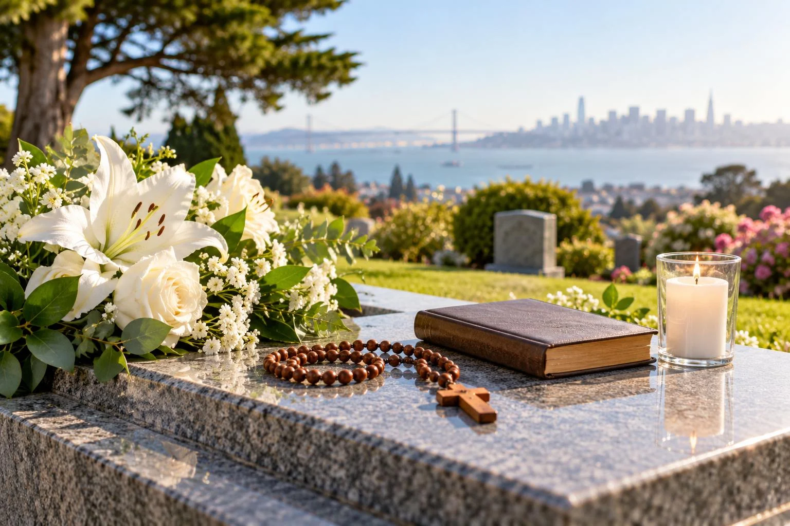 Rosary, flowers, and candle at a gravesite in San Francisco, CA