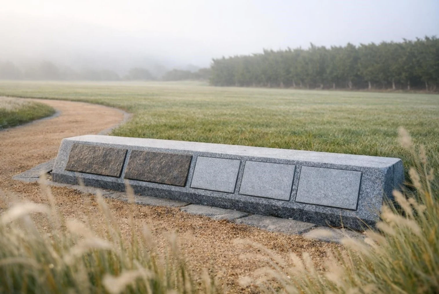 Low shared granite family memorial marker with blank future name panels in a quiet coastal cemetery garden in South San Francisco, CA.
