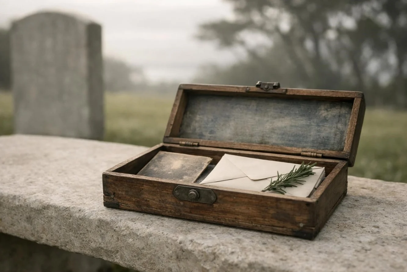 A small family memory box with a folded letter and rosemary on a stone bench beside a veteran’s memorial marker in a quiet San Mateo cemetery.